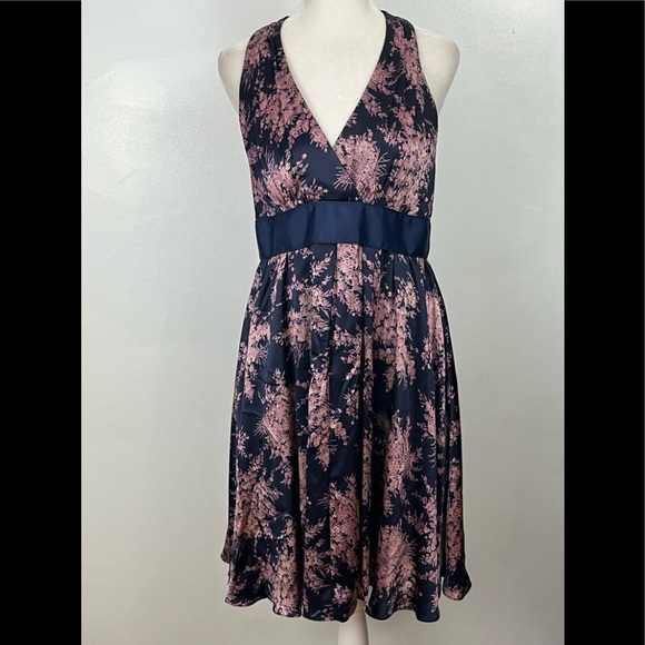BETSEY JOHNSON VINTAGE NAVY PINK SILK FLORAL HALTER MIDI DRESS GREAT CONDITION 6 - Picture 1 of 11